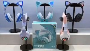 Headset Headphone bluetooth Wireless HiFi Extra bass Led Cat ear gaming model telinga kucing lucu