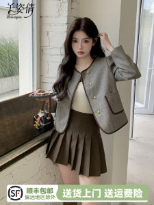 Spring Autumn Elegant round Neck Short Outerwear Womens Fashion Style Button Closure Long Sleeve Loose Fit Polyester Coat