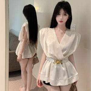 GUZILIAN | French Elegant Satin Sleeveless Cross V-neck Waist-cinched Dress Women Summer Unique Daily Commute Casual Fit High Waist