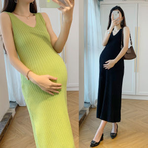 Fall Maternity Dress Long Knitted Vest Dress Large Size Midi Dress Sleeveless V-Neck Loose Waist A-Line Skirt for Pregnant Women