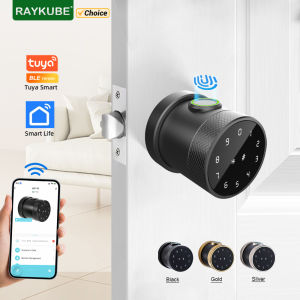 RAYKUBE L16A Tuya Bluetooth Smart Fingerprint Deadbolt Lock Keyless Round Knob Digital Electric Lock with APP/Key/Code Unlock