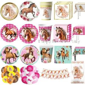 Miniso | Horse Theme Party Decoration Tableware Tablecloth Cup Plate Napkin Gift Bag Balloon Horse Cake Topper Kids Party Favors Supplies