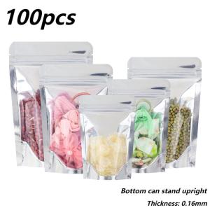 100Pcs Transparent Silver Aluminium Zipper Self Standing Bags Food Dry Meat Sugar Beans Chocolate Snacks Packaging Plastic Bags