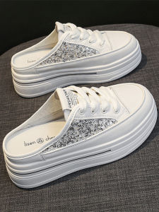 Womens Sporty Thick Bottomed Slip-On Summer Shoes Heightening Lazy Sandals Korean Style High Heel PU Material Net Cloth