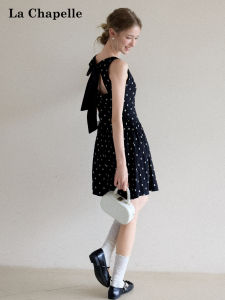 La Chapelle | Polka Dot Bow Accent A-Line Short Dress Slimming Halterneck