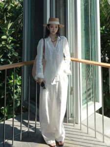 LIANGYILAILIN | Linen-like Womens Stylish Relaxed Fit V-neck Suit