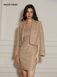Luxurious Rhinestone Placket Suit with Shimmer Strap Dress