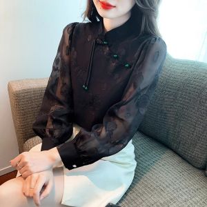 BaKuSen 2023 Autumn New Loose Long Sleeve Stand Collar Embroidered Shirt Womens Traditional Chinese Style Top Button up