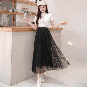 Summer Fairy Skirt New Style Slim High Waist Mesh Chiffon Pleated Half Body Mid-Length Black Gauze Skirt Trendy Womens Fashion