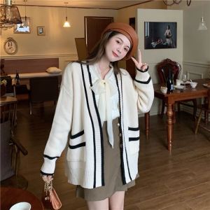 Áo khoác len cardigan nữ viền đen trắng dáng dài rộng dày dặn có túi kiểu dáng Hàn Quốc trẻ trung năng động dễ phối đồ