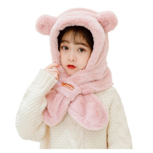 Winter Kids Cute Bear Hat Scarf Integrated Winter New Arrival Boy Girl Baby Thickened Fleece Scarf