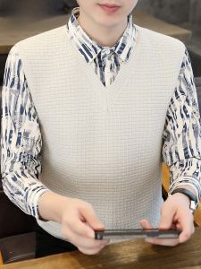 HENGYUANXIANG | Fashionable Knitted Shirt Collar Sweater Fake Two-Piece Base Layer Mens Autumn Winter Trendy Striped Comfortable Fit Long Sleeve