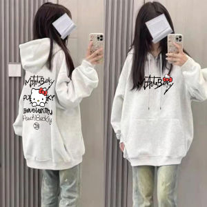 เสื้อสเวตเตอร์มีฮู้ดแบบมีฮู้ดพิมพ์ลายแมวคิตตี้สไตล์อเมริกันสตรีท เสื้อผ้าฤดูใบไม้ร่วง/ฤดูหนาวสำหรับนักเรียน ผ้าฝ้าย 100% ปกติ