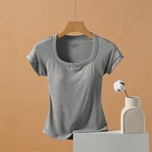 เสื้อยืดแขนสั้นทรงเข้ารูปสำหรับผู้หญิง 2025 ฤดูร้อนใหม่ ใส่ด้านนอก คอวี ไม่มีแผ่นรองเสริมหน้าอก ไม่ต้องใส่เสื้อชั้นใน เสื้อชั้นใน