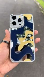 Kuning Garis Bergelombang - Kawaii Spiegel Mirror Case/Casing Kaca - Hardcase/Casing Hp For Iphone 7 7plus 8 X Xr 11 12 13 14 15 Pro Promax Casing Full Cover Pelindung Handphone RCI524