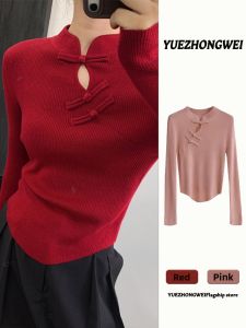 YUEZHONGWEI | Chinese Style Stand Collar Red Hollow Out Top Base Layer