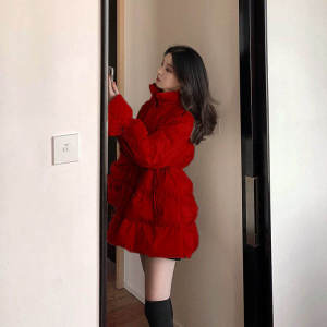 Red Wedding down Jacket Womens Fashionable Cotton Clothes Horse Year Warmth Stylish Short Outerwear Ladies Premium Quality