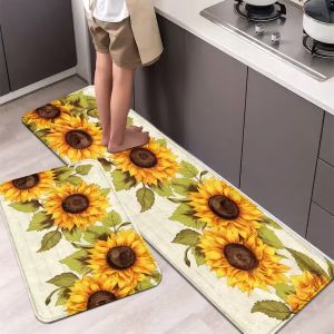 Green Sunflower Leaves Floor Mat Non-Slip Kitchen Mat for IndoorOutdoor Machine Washable Entryway Bathroom Mat with Sunflowe