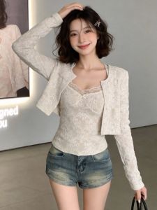 GUZILIAN | Korean Style Long Sleeve Cardigan Lace Trimmed Vest Two-piece Set