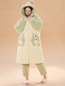 MiiOW | Thickened Three-Layer Cotton Womens Long Flannel Sleepwear Coral Fleece Home Clothes Winter Warm Plush Robe With Hat Casual Outfit