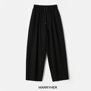 Marryher Trendy Arc Shaped Casual Pants Elastic Waist Eastman Black White Rayon Womens Straight Leg Lengthened Polyester Blend