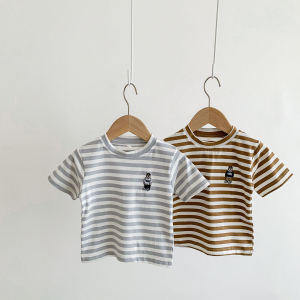 Áo Thun Trẻ Em Mùa Hè Tay Ngắn Thêu Gấu Kẻ Sọc Cotton Nguyên Chất Phong Cách Hàn Quốc Cổ Tròn Thoải Mái Thoáng Khí Cho Bé Trai Và Bé Gái