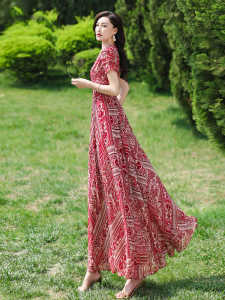 Fashionable Red Print Chiffon Dress Womens Summer Ethnic Style Slimming Maxi Holiday Long Skirt Commute Elegant Floral V-Neck Short Sleeve