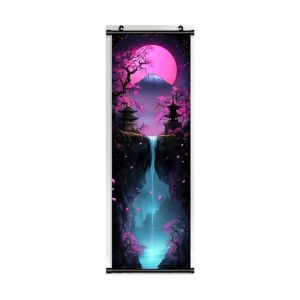 VIKAMA Violet Sakura Moon Night Wall Tapestry Waterfall Mount Fuji Fantasy Scroll Art Home Decor Warm Cozy Soft Durable Gift