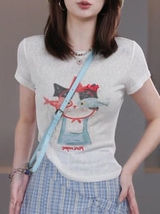 Korean Style round Neck Printed Short Sleeve T-Shirt Womens Summer Slim Fit Casual Short Length Top Fashionable Ladies Tee