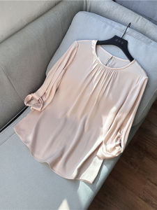 Elegant Sweet Temperament Silk Double Gauze Elastic Satin Small Shirt round Neck Seven Sleeve Womens Silk Top Straight Tube