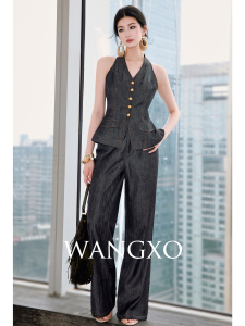 WANGXO | Bộ Đồ denim giả tân trang không tay cổ V ôm eo