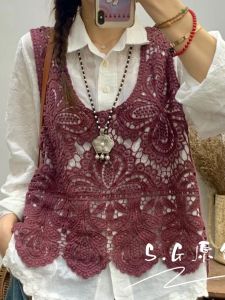 Retro Knitted Cotton Thread Vest Sleeveless Hollow out Design Loose Fit Autumn 2025 New Style Commute Style V-Neck Weak Heating