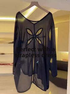 chaqi | Black Long Sleeve T-Shirt Womens Spring Summer Thin Sun Protection Loose Mesh Top Back Split Belted Rhinestone Commute Style