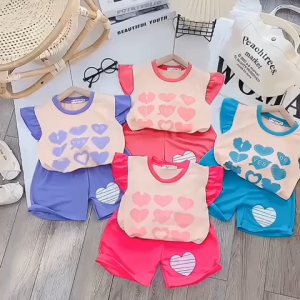 Kids Sleeveless Top and Shorts Set Heart Print Casual Outfit