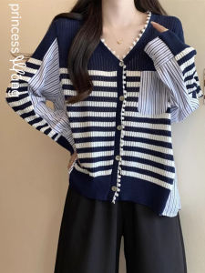 WANGGONGZHU | Fashionable Striped Knitted Open Cardigan Womens Plus Size Slimming Outerwear Autumn New Arrival Princess Style Commute Wind