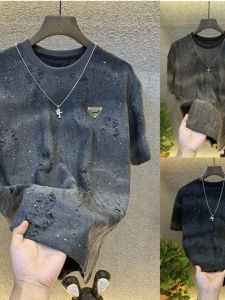 Summer New Mens Short Sleeve T-Shirt Top Luxury Half Sleeve Trendy Sequin Gradient Hole round Neck Polyester Fiber Breathable