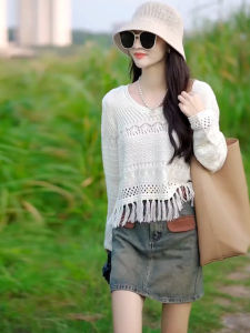 Elegant Hollow out Knitwear High Waist Denim Mini Skirt Set Womens Fashion Autumn Collection Tagkita Brand Cotton Casual Style