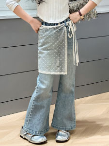 Girls Flared Jeans Spring Autumn New Style Netting Denim Pants Childrens Spring Fashion Tight Fit Elastic Waistband Long Trousers