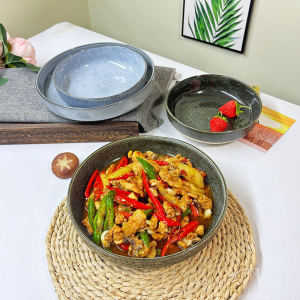 Retro Glazed Undercolor Ceramic Salad Plate European Style Deep Dish Fruit round Tray Shallow Mouth Dinner Plate Home Use