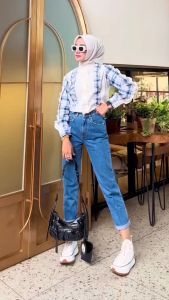 Boyfriend Jeans Wanita BF Polos Wanita Pinggang Tinggi