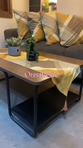 Table Runner Rumbai Ruang Tamu Mewah Panjang 120 140 160 180 200 240 Katun Motif Gingham Mateo Gold