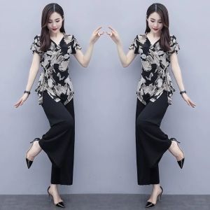 Summer Ladies Two-piece 2021 Womens Korean Style Temperament Fashion Printed Top+High-waist Wide-leg Pants Two-piece Large Size 4xl
