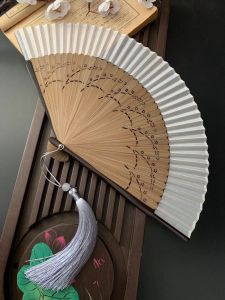 Antique Fan Foldable Ghatpot Silk Bamboo Retro 6-Inch Solid Color Wheat Carved Cut Out Beige Folding Fan Cheongsam for Summer