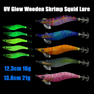 3.0#/3.5# UV Glow Wooden Shrimp Squid Lure Sinking Bait with Rattle Beads For Webfoot Octopus Cuttlefish sea Fishing Lures