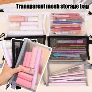 Polyester Transparent Mesh Pencil Case Large Capacity Single Layer Stationery Storage Pen Bag Portable Cosmetic Travel Storage Organizer