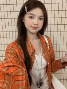 Áo Sơ Mi Nữ Phong Cách Hàn Quốc Màu Cam Kẻ Caro Dáng Rộng Cổ Polo Áo Khoác Ngoài Thời Trang Mùa Thu Thường Ngày