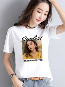 Áo Thun Cotton Tay Ngắn Màu Trắng Mùa Hè Cho Nữ Dáng Rộng in Họa Tiết Thời Trang Chống Lão Hóa Chất Liệu Cotton Pha Polyester Thường Ngày