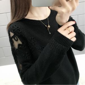 เสื้อสเวตเตอร์ถักคอตั้งแขนยาวผ้าลูกไม้ทรงหลวมสำหรับผู้หญิงในฤดูใบไม้ผลิ 2023 เสื้อคลุมกันหนาวแบบสวมหัวบางระบาย