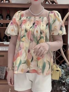 Elegant Floral Print Short Sleeve Shirt Womens Summer Fashion Top Quality Korean Style Commute Casual Inner Wear Blouse