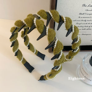 Korean Style Green Wool Pearl Toothed Hairband Womens High Sensation Face Washing Makeup Elegant Headband Fashion Accessories